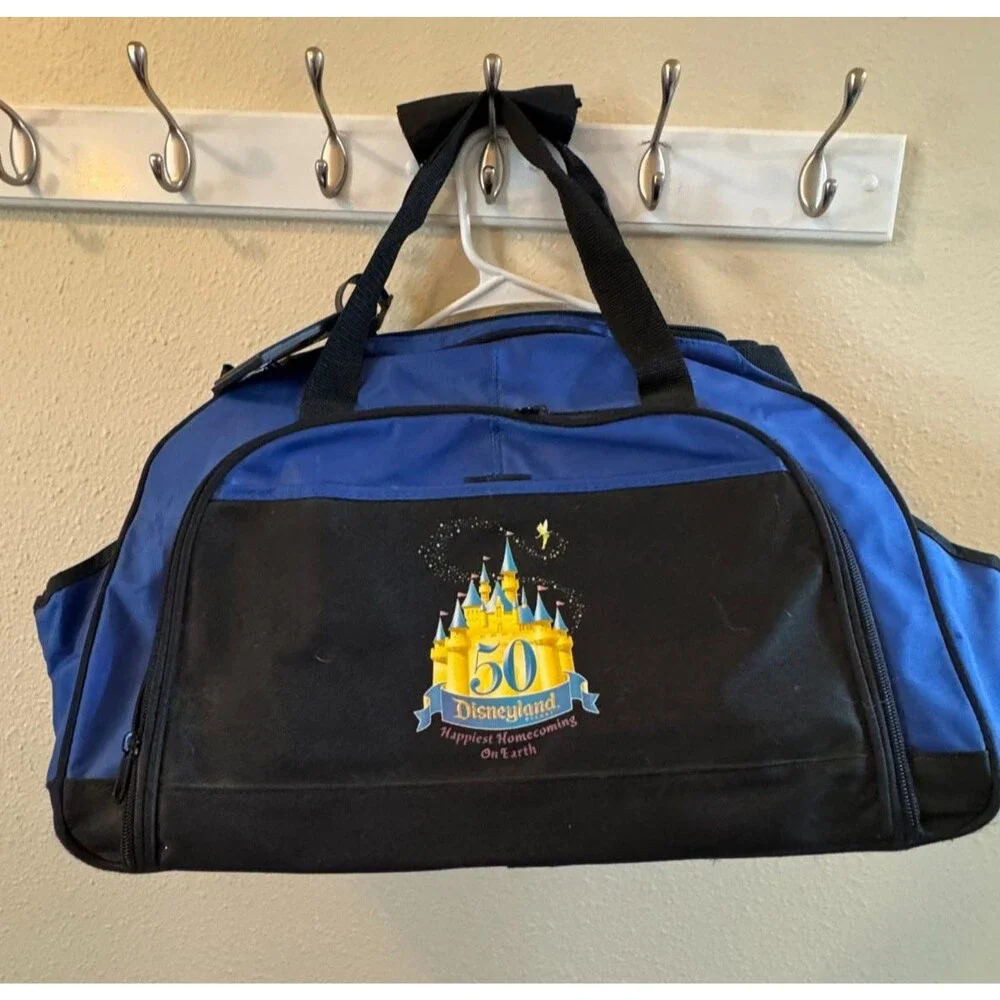 Disneyland 50th Anniversary Duffel Bag Blue Travel Gym Tote Mickey Luggage Tag